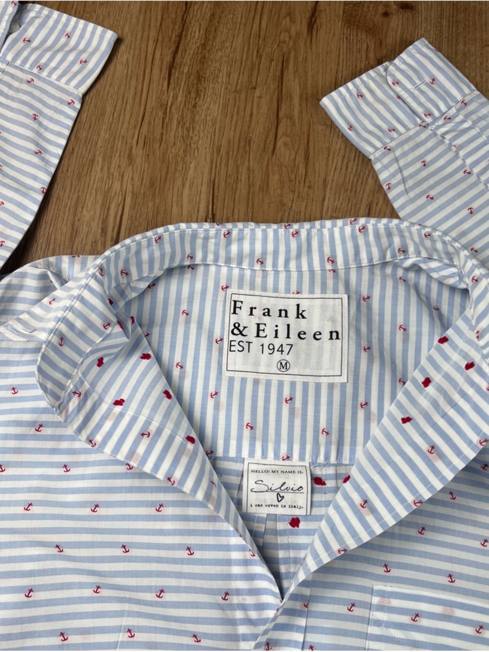 Frank & Eileen Silvio Anchor Shirt Blue Stripe Italian Cotton Size M